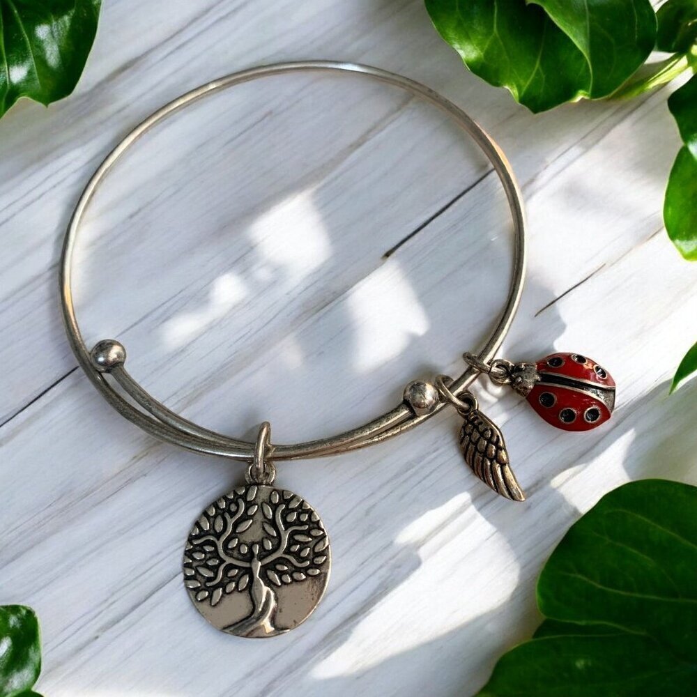 Earth Angel Ladybug Charm Bangle Silver Tone Metal Red Enamel Adjustable